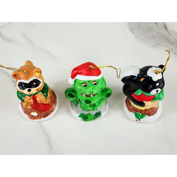 Christmas Bell Ornament Frog Racoon Skunk 3 1/4" Ceramic 1987 Taiwan x3 Holidays - Picture 11 of 15